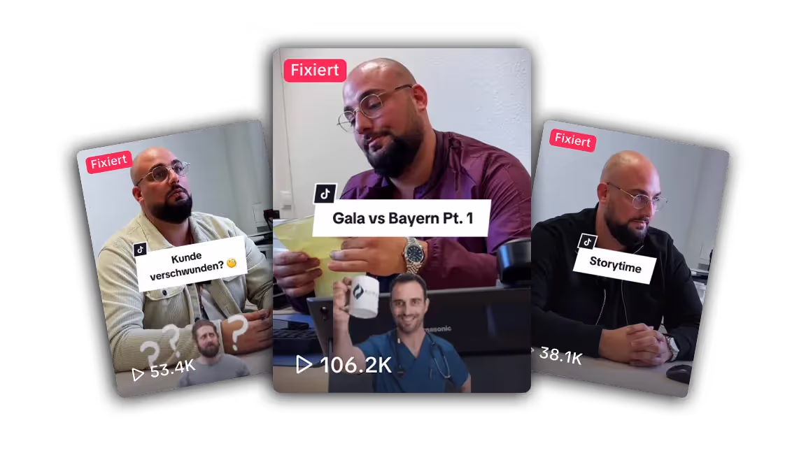 Drei Vorschaubilder von TikTok Videos. Auf den Bildern ist ein Mann mit einer Glatze, der eine Brille trägt.